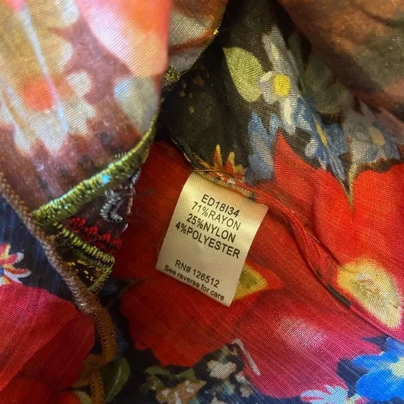 Aratta Silent Journey Women's M Floral Multi Color Trim Velvet Bohemian Top